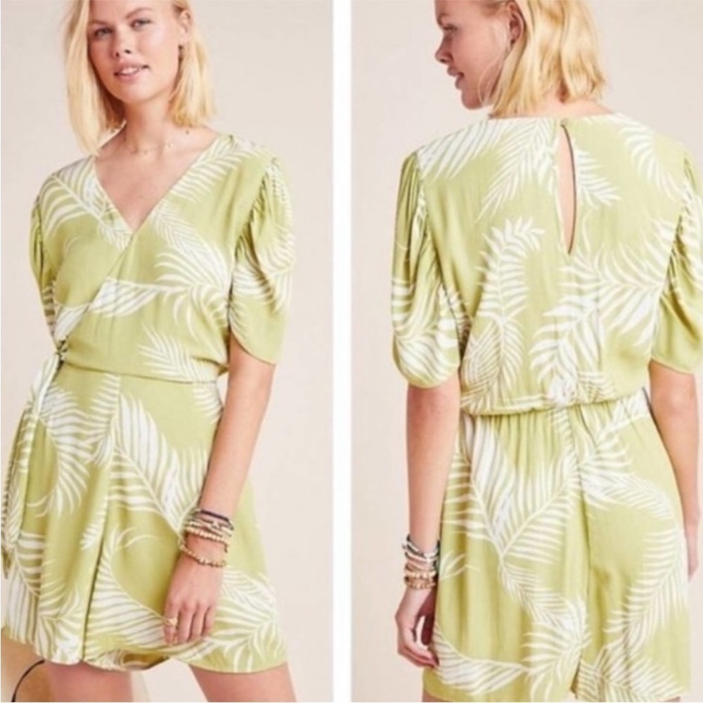 Anthropologie Cabiella Remington Green & White Leaf Print Romper Sz S